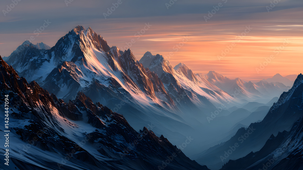 A breathtaking mountain range with a warm orange sunset glowing behind the jagged peaks, casting shadows over the valleys below. A breathtaking mountain range with a warm orange sunset glowing behind the jagged peaks, casting shadows over the valleys below.