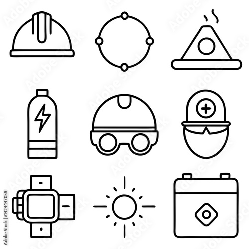 Outline icons set of mining, engineering, construction equipment