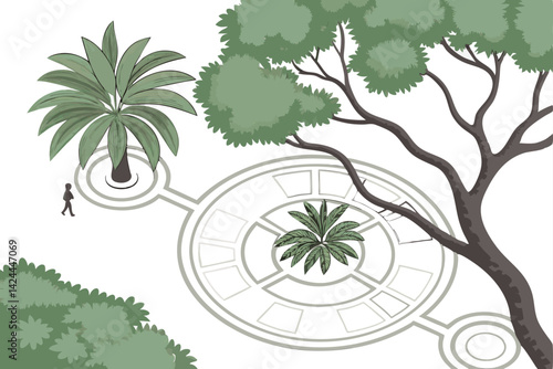 34 Top-down view of trees, aerial perspective, botanical illustration, green foliage, symmetrical patterns, diverse tree species, tropical and temperate trees, circular shapes, lush canopy, detailed b
