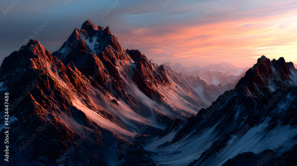 A breathtaking mountain range with a warm orange sunset glowing behind the jagged peaks, casting shadows over the valleys below. A breathtaking mountain range with a warm orange sunset glowing behind the jagged peaks, casting shadows over the valleys below.