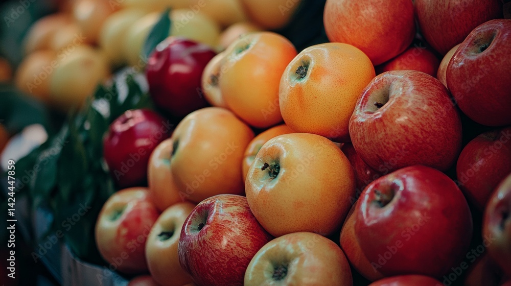 Fresh apples on display at market with vivid depth of field Fresh apples on display at market with vivid depth of field