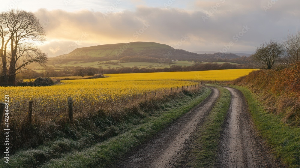 Obraz premium Country lane through golden fields at sunrise. Possible stock photo use Landscape image