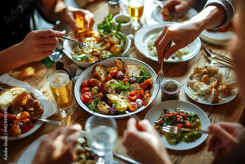 People eating at the table with plates of food and drinks, focus on hands reaching for dishes, wooden dining room setting, warm colors, natural lighting.