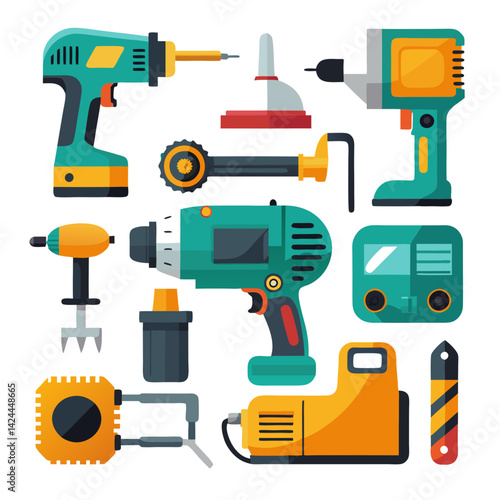 Flat vector illustration of various power tools set