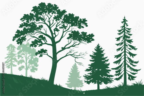 35 Diverse tree illustrations, watercolor style, green foliage, various shapes and sizes, deciduous and coniferous trees, botanical art, isolated on white background, top-down view, nature elements, l