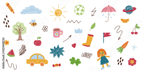 Set of children's drawings. Cute kid flower, cloud, summer illustration. Hand drawn doodle sketch children cute vector school background. Kids doodle crayon style line. Vector illustration