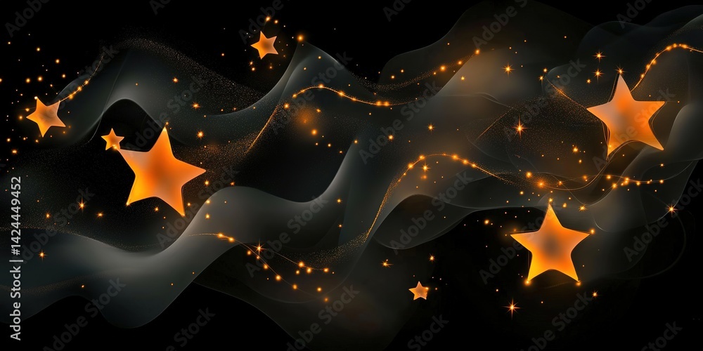 Abstract composition glowing orange stars different sizes floating among smoky gray waves scattered golden sparks dark background creating sense magic festivity