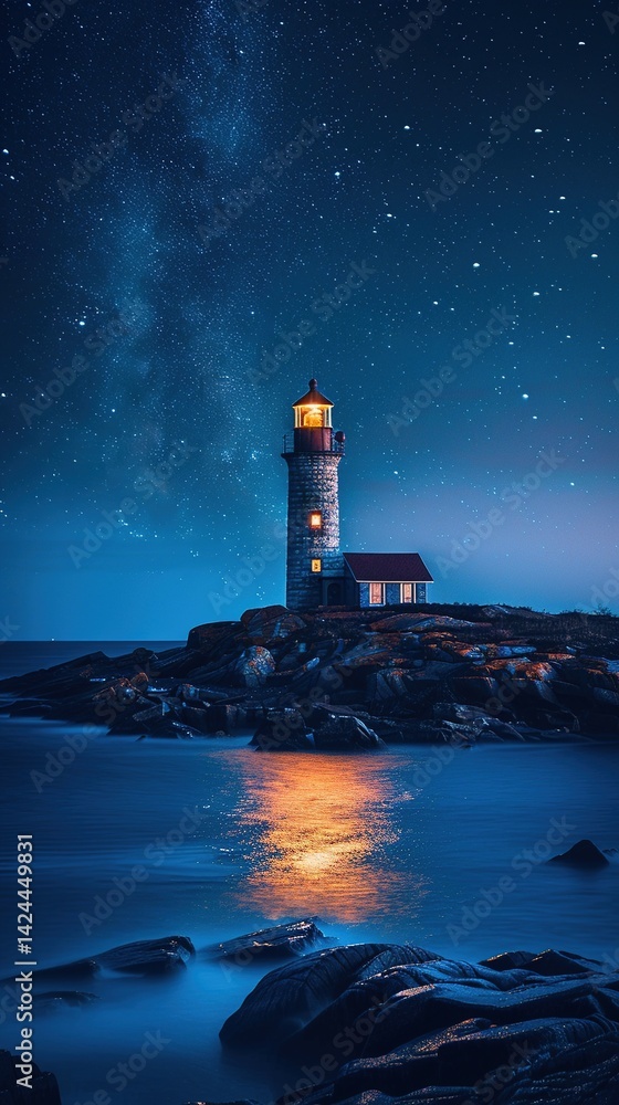 A lighthouse on the seashore in a bright starry night