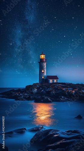 Obraz na płótnie A lighthouse on the seashore in a bright starry night w salonie