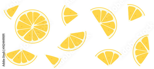 Bright yellow lemon slices scattered across a white background