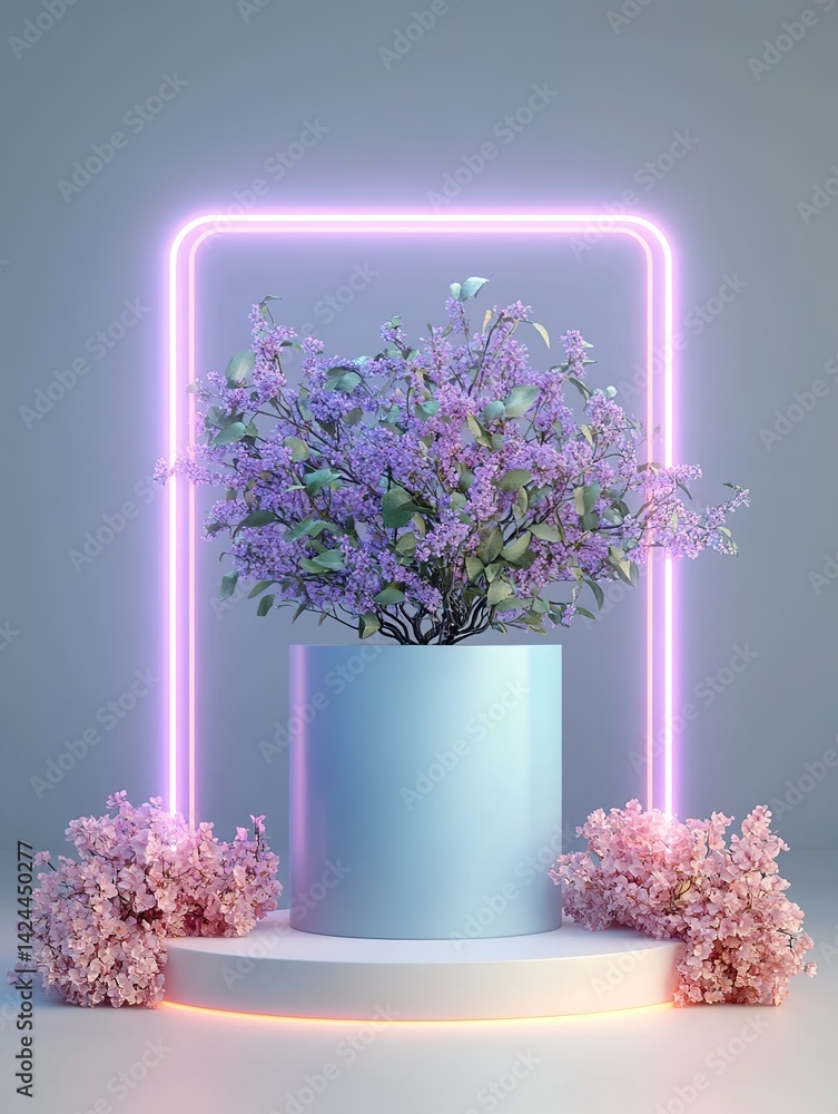 Enchanting composition blooming lilac light blue cylindrical pot round pedestal pink neon square soft pastel background
