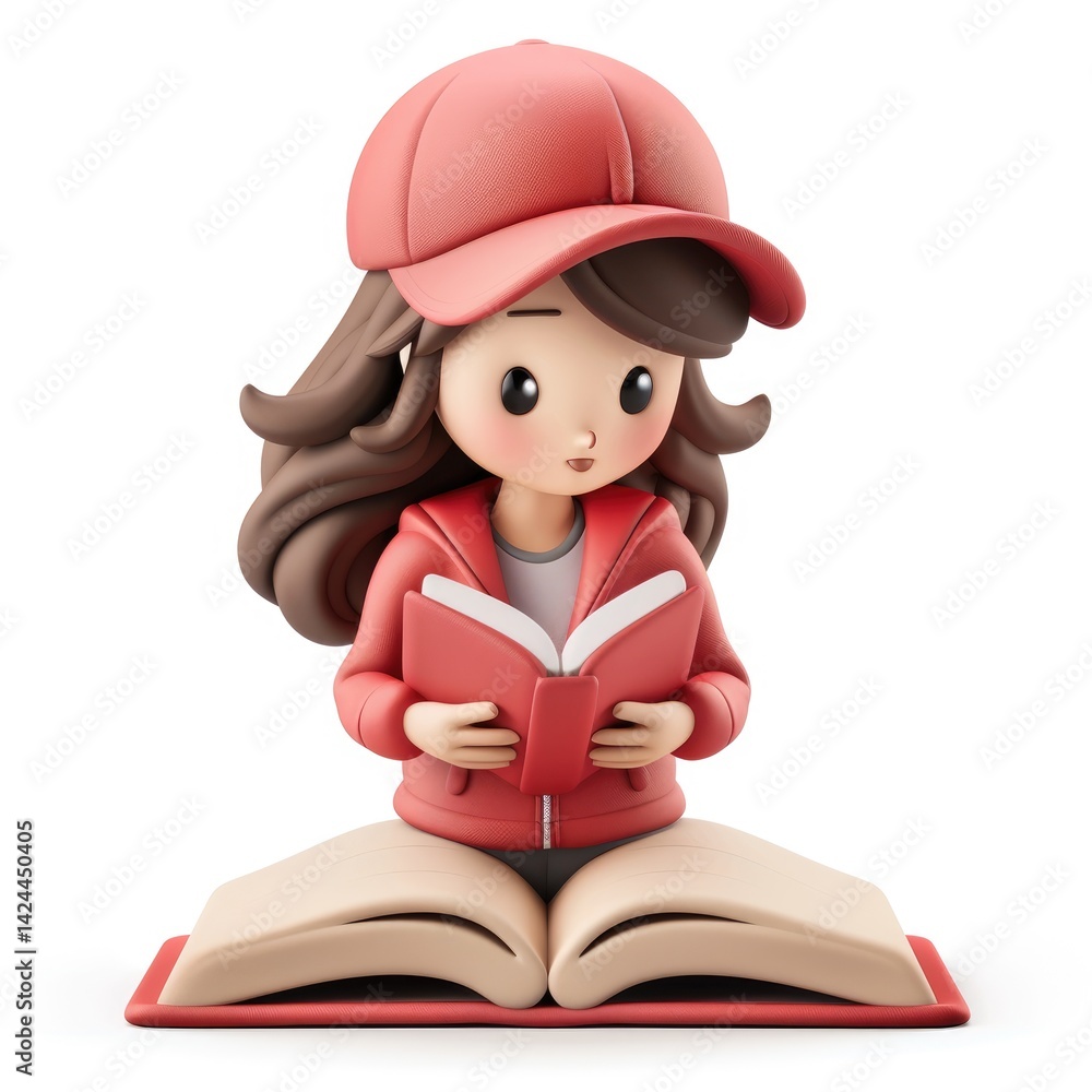 Cute girl in a red cap reading a book. Cute girl in a red cap reading a book.