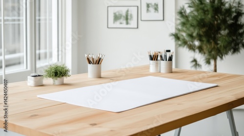 Blank white paper sheet on a wooden desk in a bright modern home office during daytime.