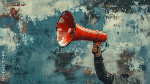 Composite photo collage of hand hold megaphone propaganda news agitation strike speech bubble activist isolated on painted background