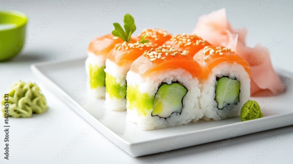 Fresh sushi rolls with salmon and avocado on a white plate, garnished with wasabi and pickled ginger, and close-up shot in a modern minimalist setting. Fresh sushi rolls with salmon and avocado on a white plate, garnished with wasabi and pickled ginger, and close-up shot in a modern minimalist setting.