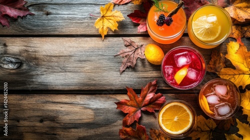 A vibrant assortment of cocktails is elegantly arranged on a rustic wooden table adorned with autumn leaves, inviting warmth and festive cheer