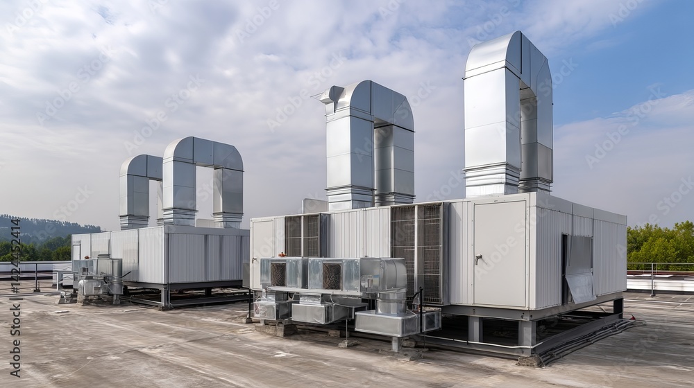 Large air conditioning and ventilation units installed on a building roof Industrial technology Large air conditioning and ventilation units installed on a building roof Industrial technology