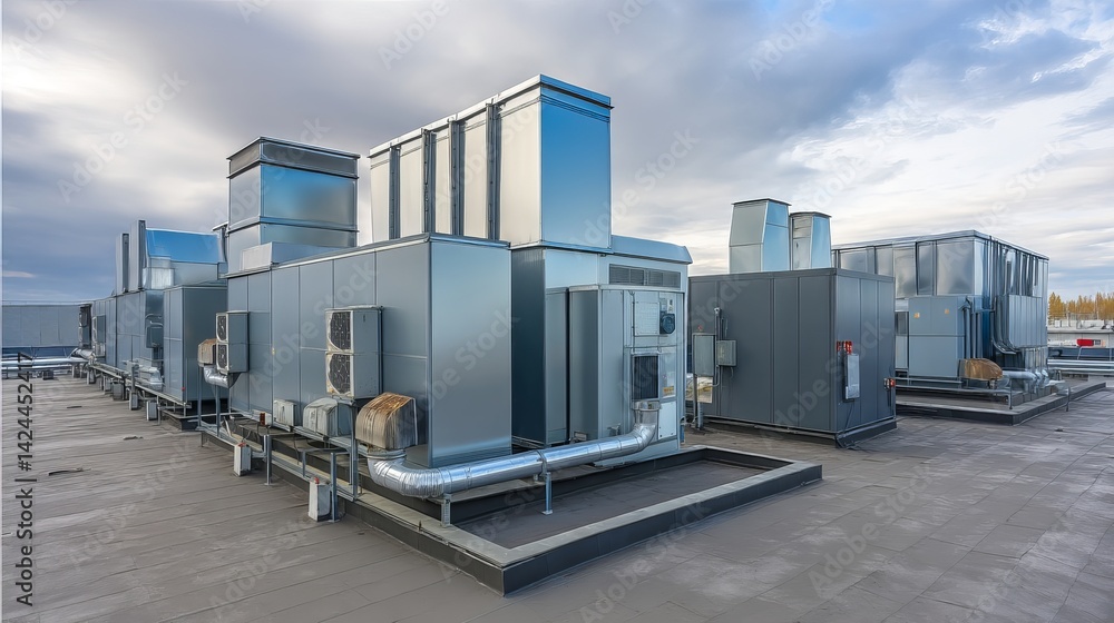 Large air conditioning and ventilation units installed on a building roof Industrial technology Large air conditioning and ventilation units installed on a building roof Industrial technology