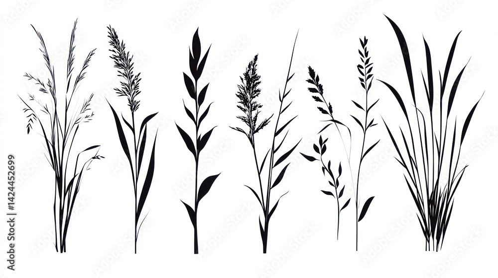 Obraz premium Wildflower silhouettes, meadow, nature, design element, background