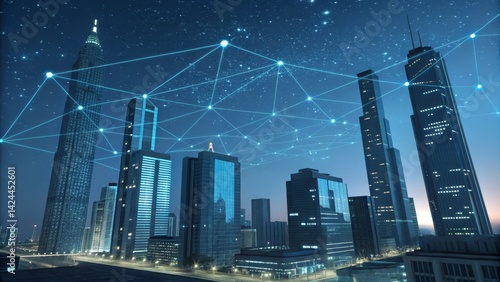 Connected City Blue Network Over Skyscrapers at Night, Digital , Future Tech