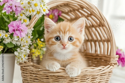 Obraz na płótnie Cute tabby kitten large round eyes peeking wicker basket background blooming multicolored flowers wooden wall w salonie
