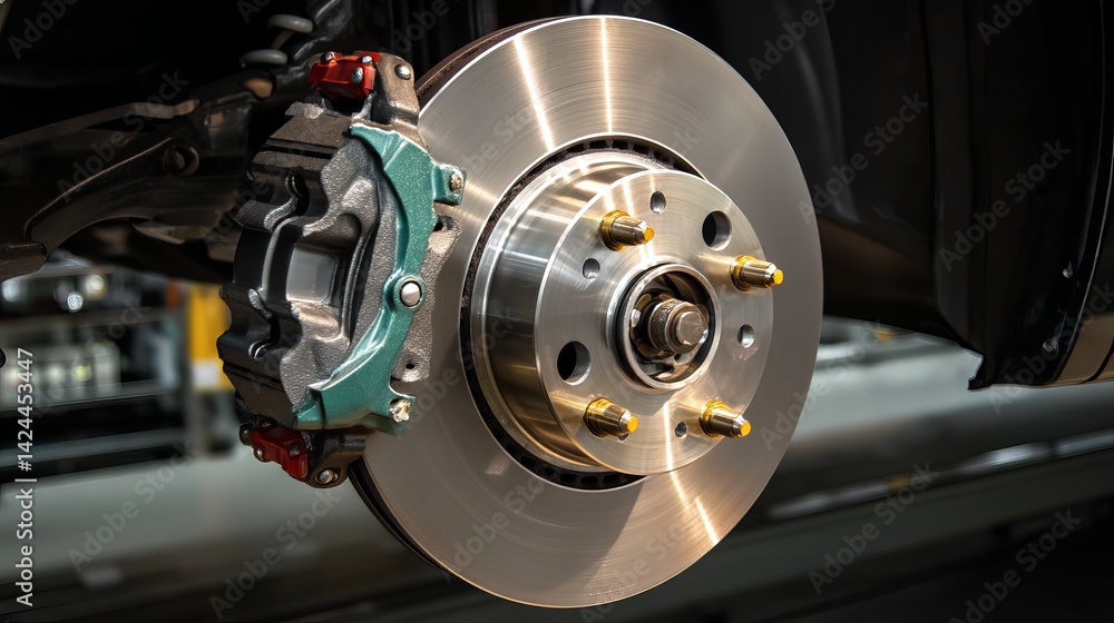 Replaced car brake system with new disc and caliper Maintenance in auto repair setting Replaced car brake system with new disc and caliper Maintenance in auto repair setting