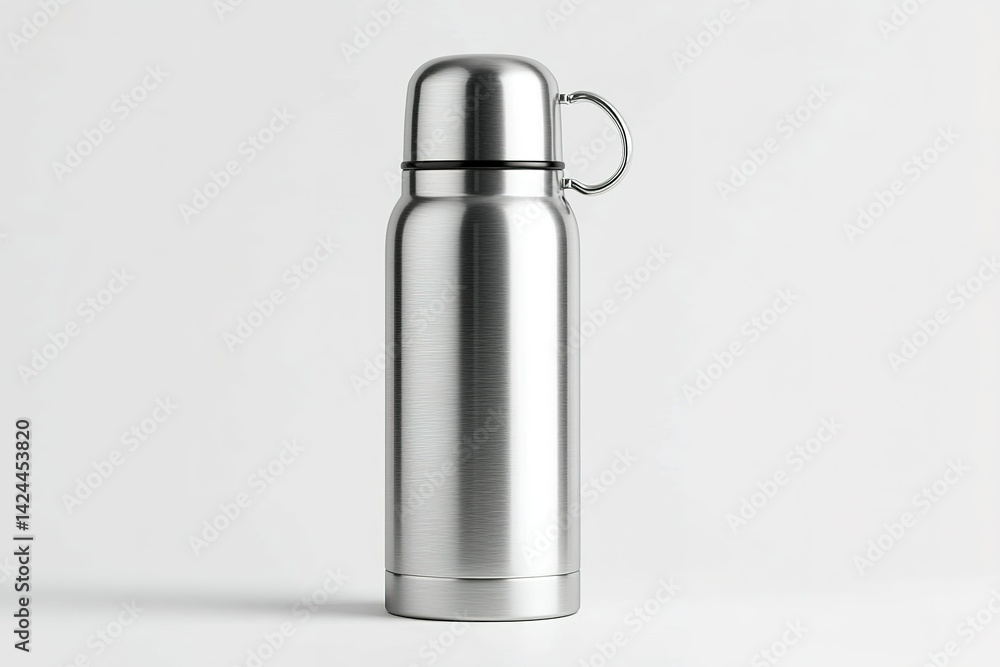 Stainless steel thermos bottle standing upright on a simple background showcasing its sleek design and practical features Stainless steel thermos bottle standing upright on a simple background showcasing its sleek design and practical features