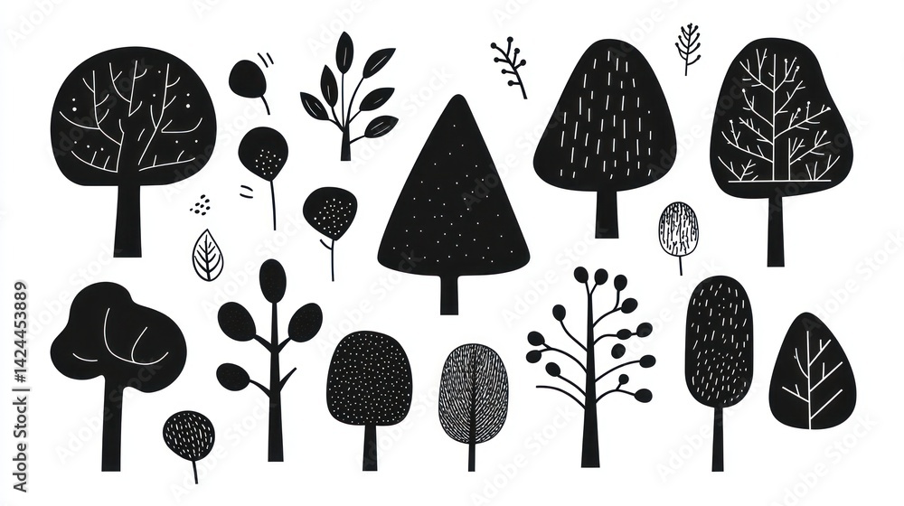 Black silhouette trees, foliage, nature, design elements, illustration Black silhouette trees, foliage, nature, design elements, illustration