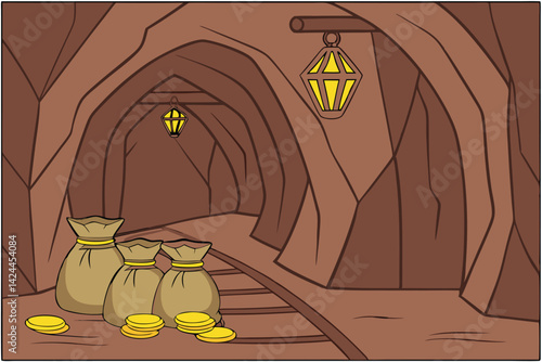 Underground Gold Mine Illustration with Shaft, Coins, and Treasure Sacks