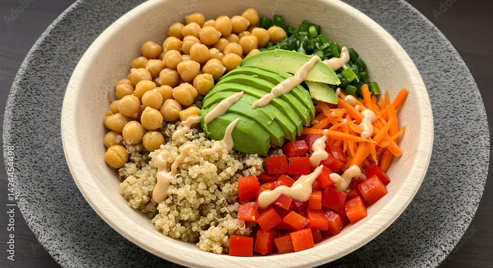 Colorful Grain Bowl With Vegetables And Creamy Sauce On Rustic Plate Colorful Grain Bowl With Vegetables And Creamy Sauce On Rustic Plate