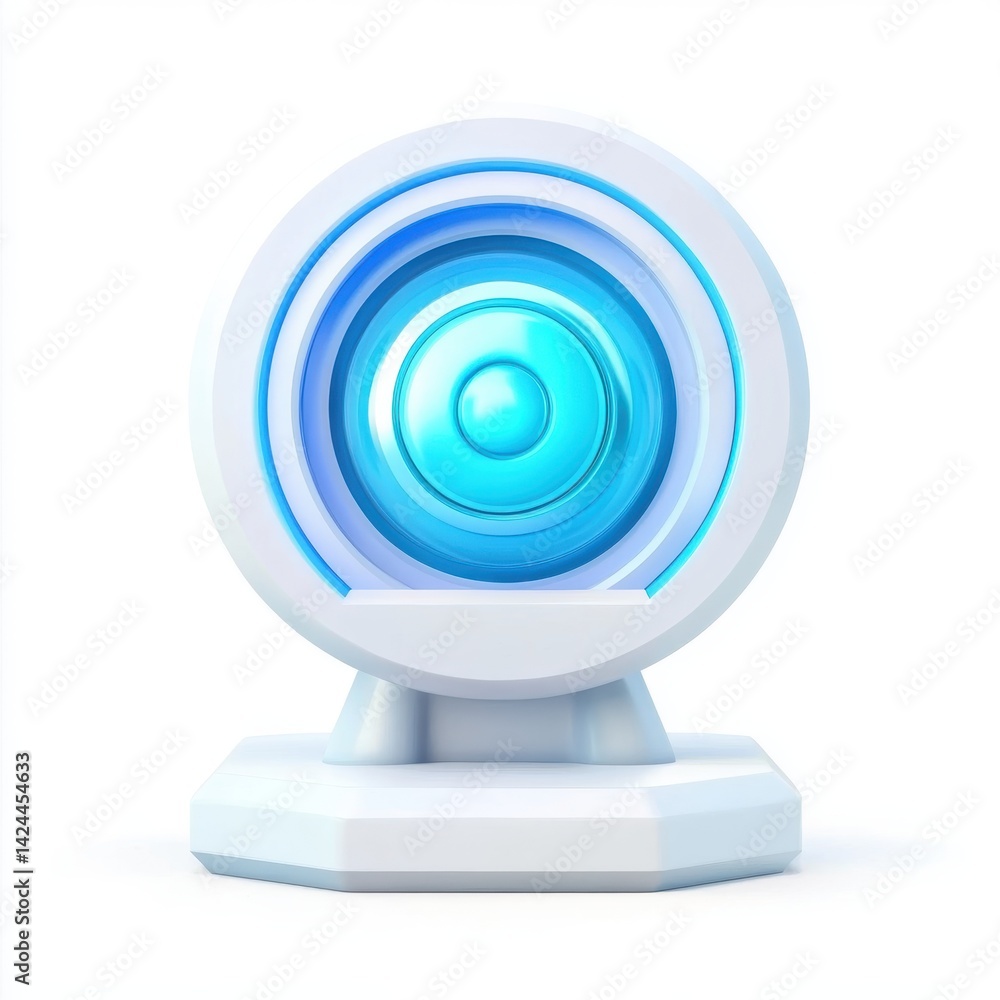 Close up of a white and blue futuristic camera on a white background Close up of a white and blue futuristic camera on a white background