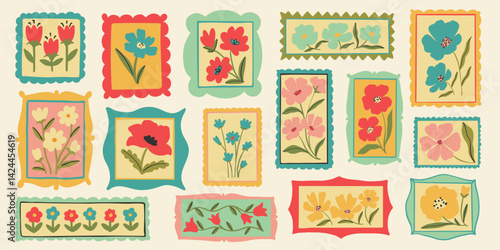 Retro cartoon floral frame illustration set. Vintage style flower design collection. Geometric grid, mosaic natural bouquet decoration, spring season nature flowers