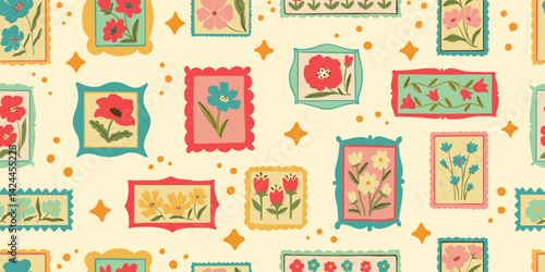 Retro cartoon floral frame illustration seamless pattern. Vintage style flower design collection. Geometric grid, mosaic natural bouquet decoration, spring season nature flowers