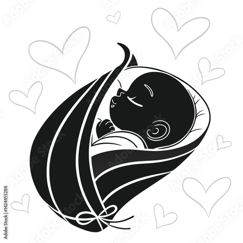 Sleeping Newborn Baby Swaddled in Blanket with Hearts