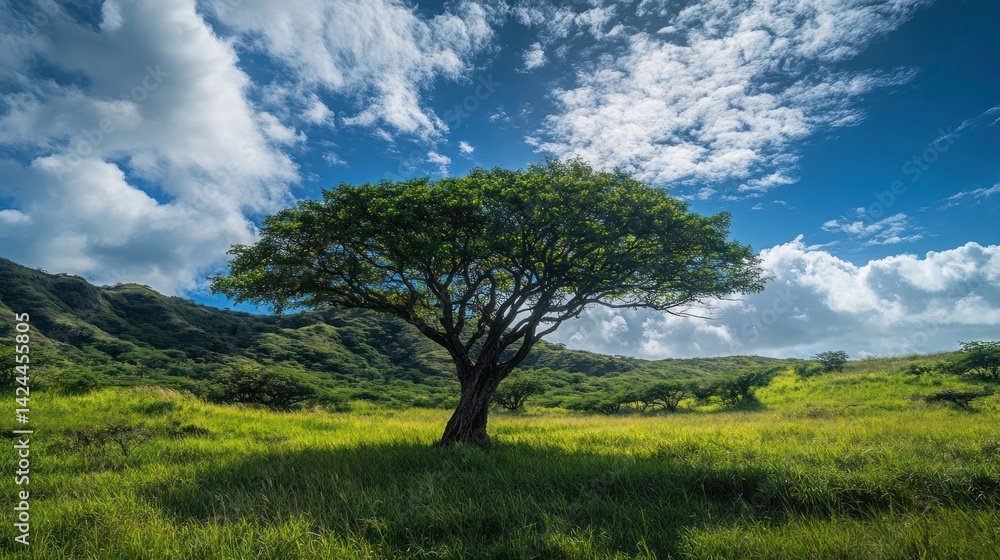 Obraz premium Lone tree in grassy meadow, sunny landscape, tranquil scene, nature photography
