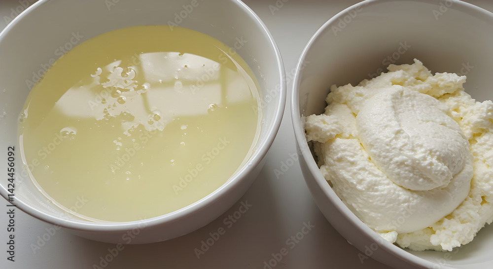 Homemade Ricotta Cheese And Whey In White Bowls Ready To Cook Homemade Ricotta Cheese And Whey In White Bowls Ready To Cook
