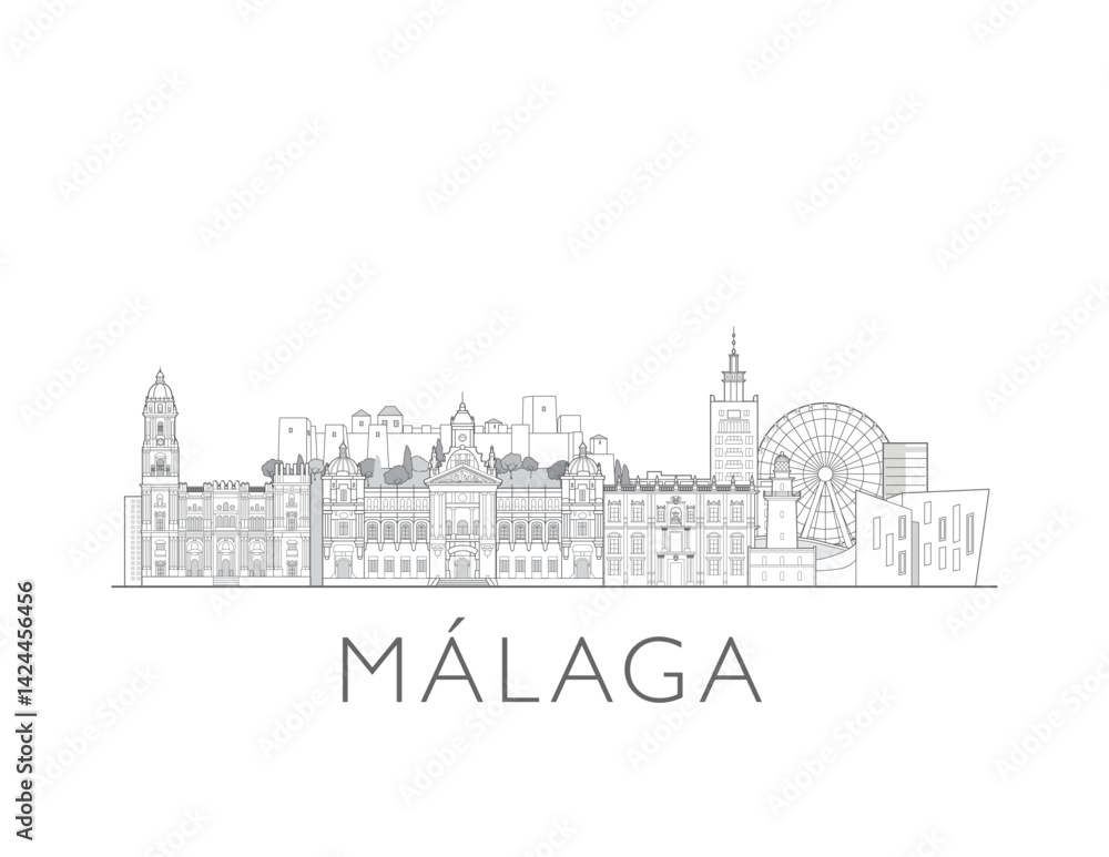 Fototapeta premium Málaga, Spain cityscape illustration skyline drawing