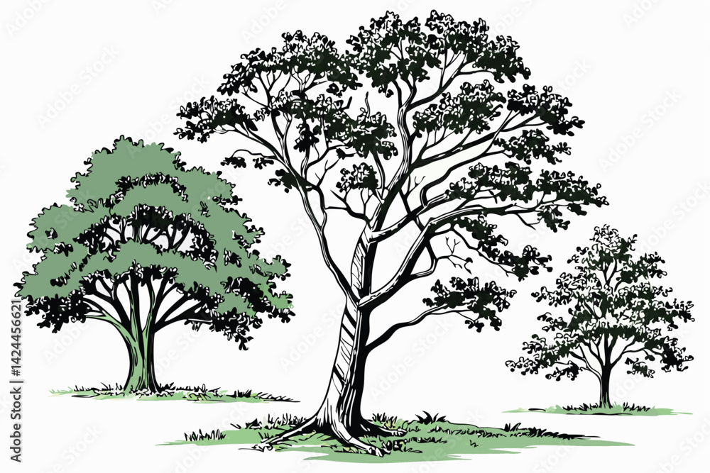 custom made wallpaper toronto digital37 Watercolor trees, botanical illustration, side-by-side comparison, three different tree species, lush green foliage, distinct tree shapes, white background, realistic detail, nature study, environm