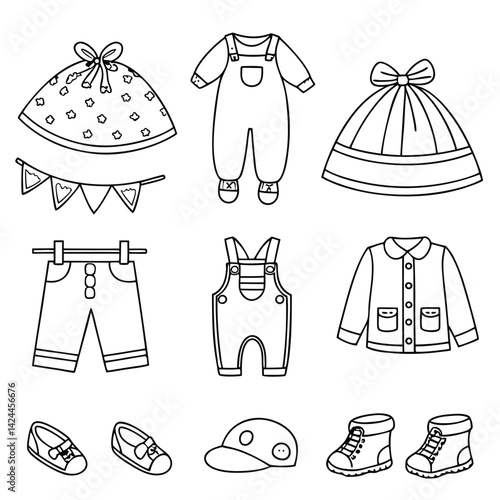 Cute Baby Clothes and Accessories Line Art Illustrations