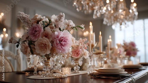 Wallpaper Mural A refined Mothera??s Day card with soft floral designs on a rich mahogany dining table, surrounded by soft candles and crystal chandeliers overhead, captured in Torontodigital.ca
