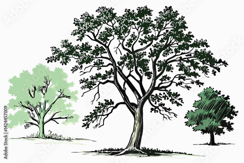 37 Watercolor trees, botanical illustration, side-by-side comparison, three different tree species, lush green foliage, distinct tree shapes, white background, realistic detail, nature study, environm