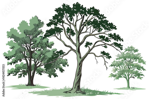 37 Watercolor trees, botanical illustration, side-by-side comparison, three different tree species, lush green foliage, distinct tree shapes, white background, realistic detail, nature study, environm