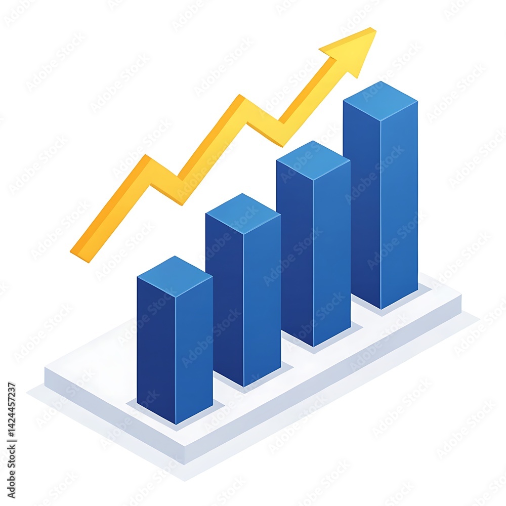 Isometric Blue Bar Chart with Golden Upward Arrow on White Platform | Rise Growth Isometric Blue Bar Chart with Golden Upward Arrow on White Platform | Rise Growth