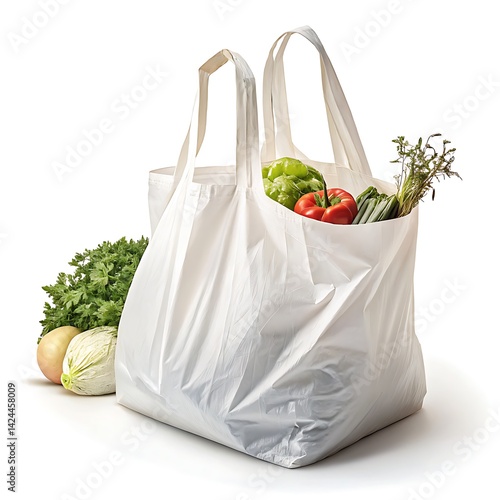 White Plastic Shopping Bag Filled with Fresh Green Vegetables and Tomatoes Still Life