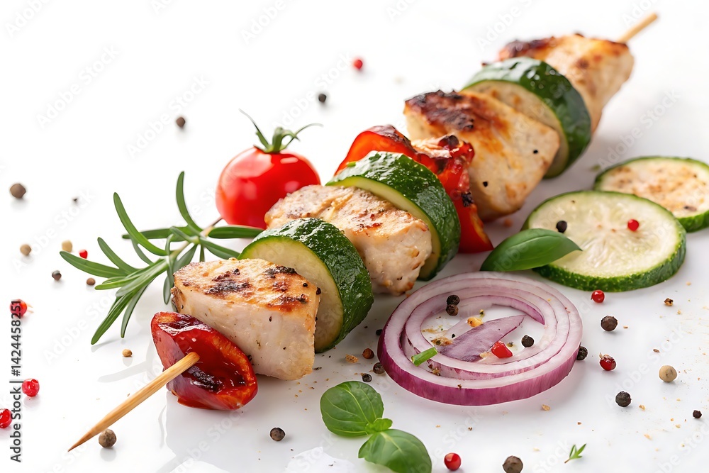 Grilled Chicken Kabob Skewer with Fresh Tomato, Zucchini, Onion on White Background Grilled Chicken Kabob Skewer with Fresh Tomato, Zucchini, Onion on White Background