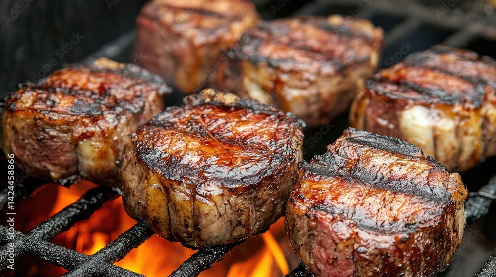 Grilled steaks presented in doneness order with charred crusts and juicy interiors, emphasizing the visual difference