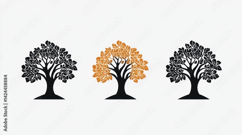 Naklejka premium Three stylized tree icons; autumn, nature, design elements, graphic, illustration