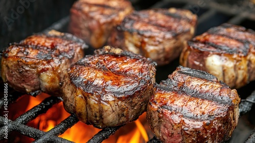 Obraz na płótnie Grilled steaks presented in doneness order with charred crusts and juicy interiors, emphasizing the visual difference w salonie
