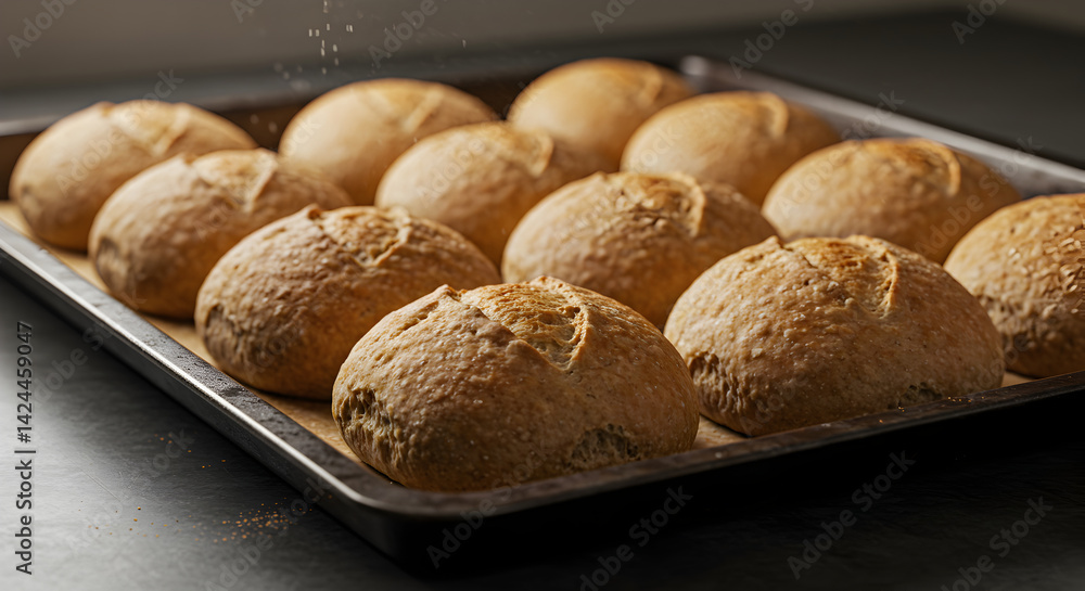 Freshly Baked Rolls Being Sprinkled With Flour on a Baking Sheet Freshly Baked Rolls Being Sprinkled With Flour on a Baking Sheet