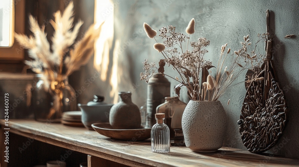 Fototapeta premium Decorative ceramic vases and dried plants on rustic table